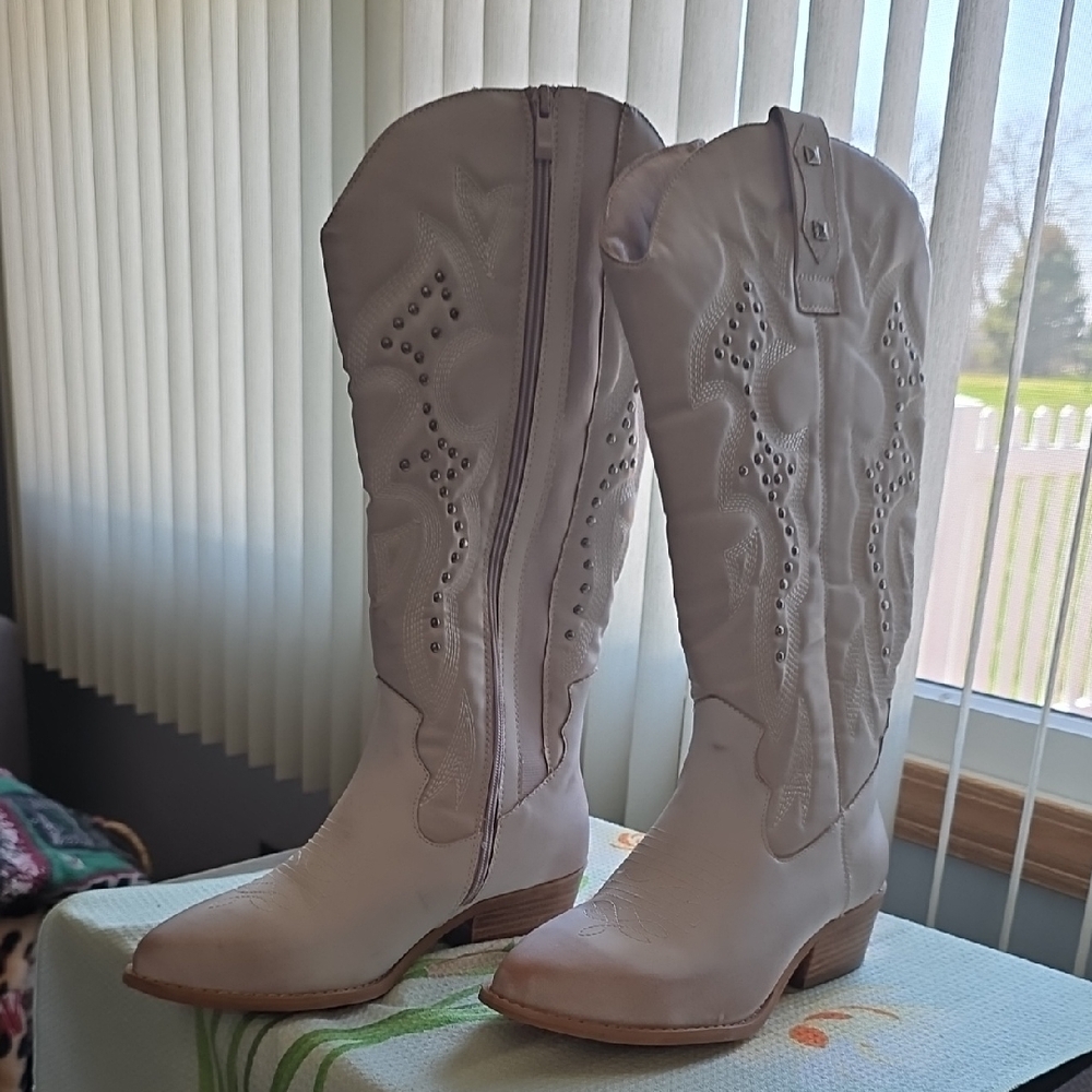 Cato Light Beige Tall Western Heeled Boots